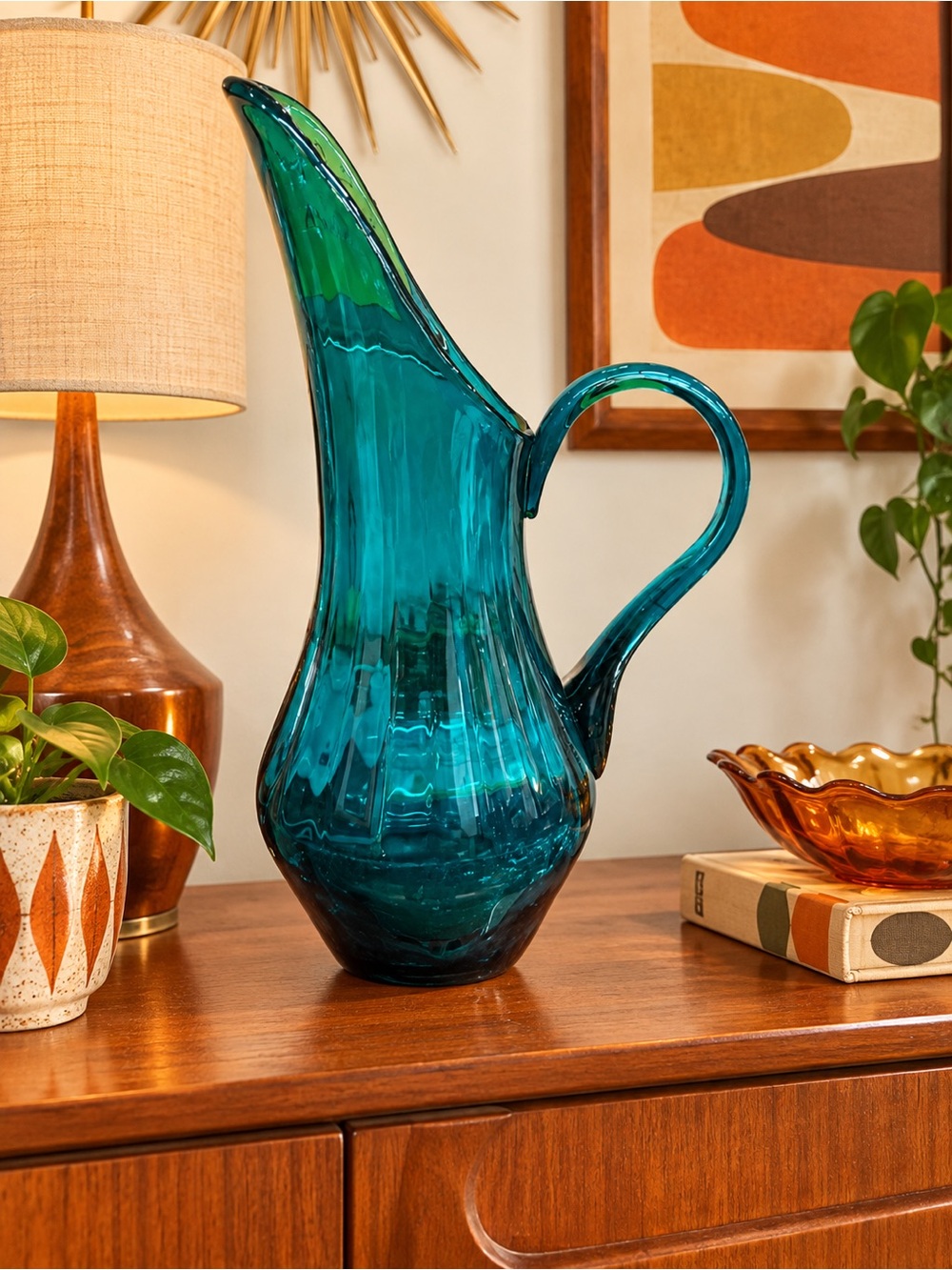 Vintage L.E. Smith peacock Aqua Pitcher Vase / 1960's L.E. Smith Pitcher 13”